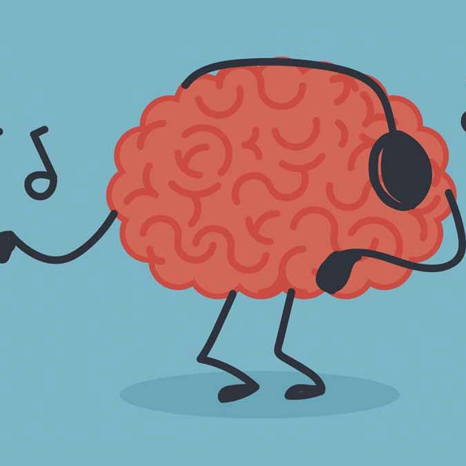 Image of a cartoon brain dancing while listening to music through headphones